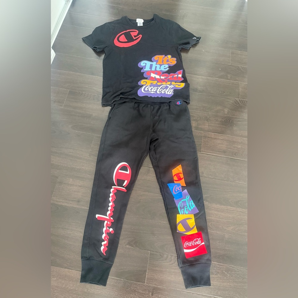 Champion x Coca Cola Reverse Weave Black Jogger Sweatpants Pockets & Top